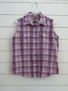 Wrangler Purple Plaid Sleeveless Button-Down Top
